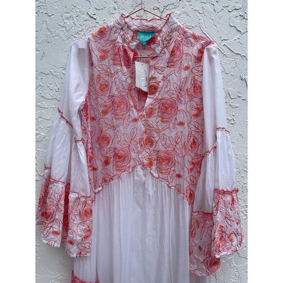 TAJ Sabrina Womens Long Sleeve Embroidered Floral St Barth Dress Red White S - Picture 3 of 11